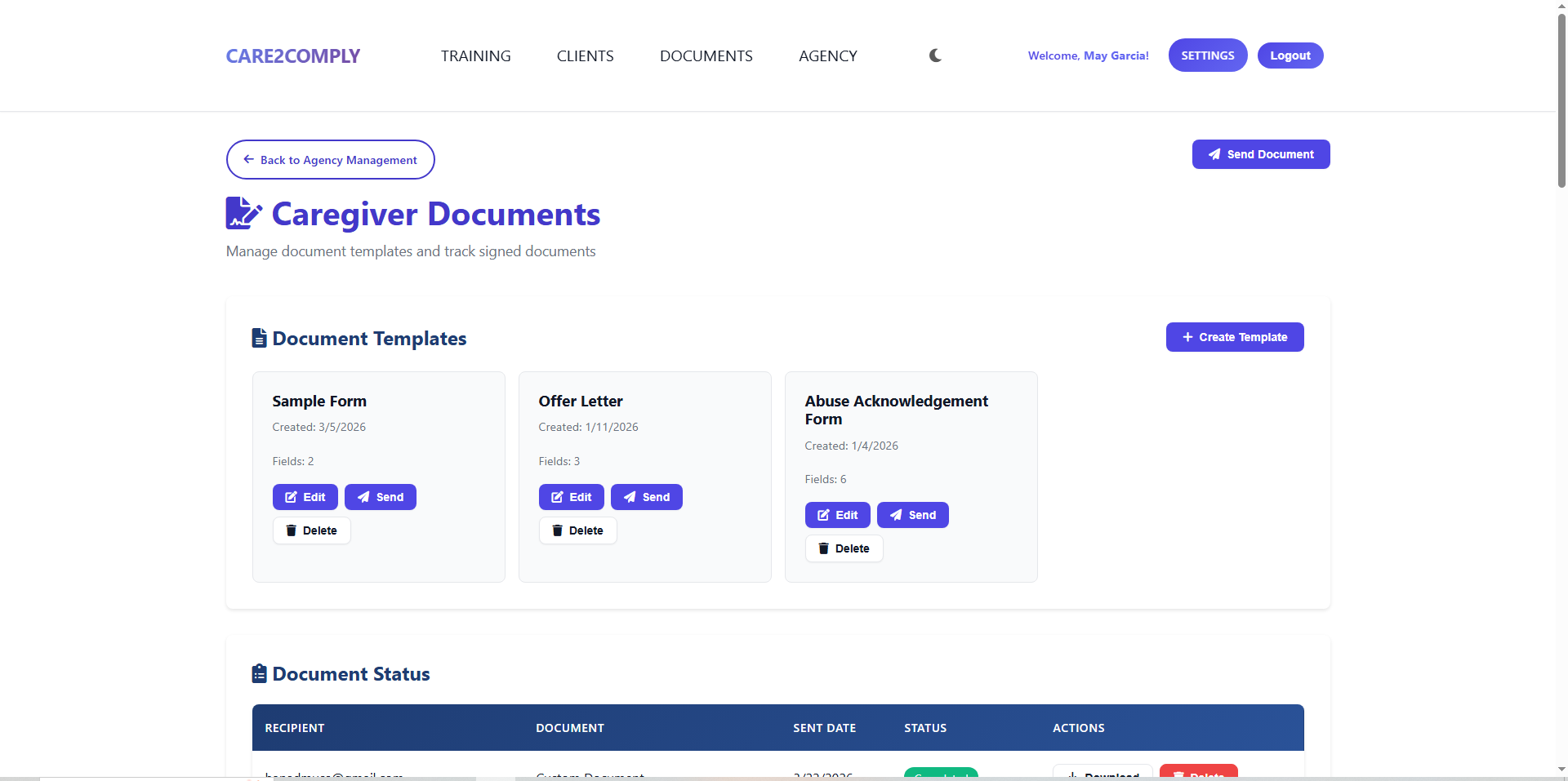Document signing dashboard