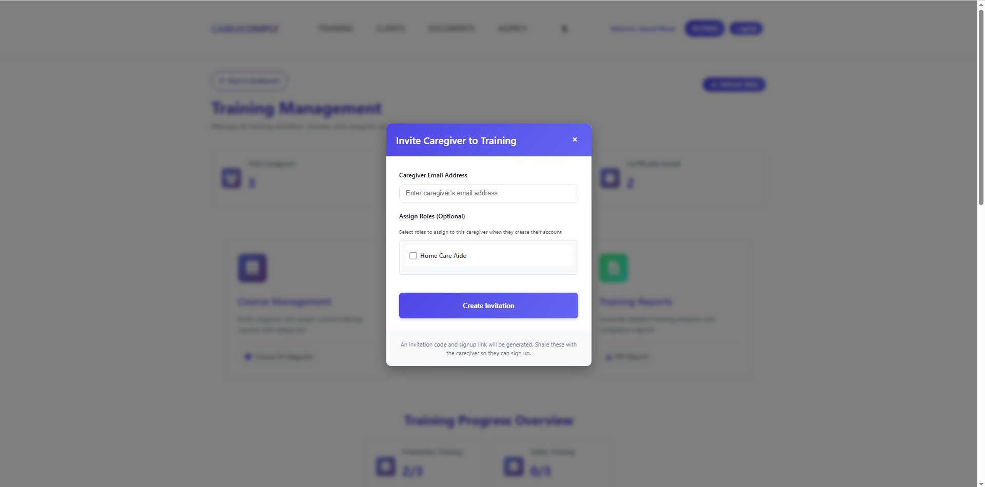 Invite caregivers screen