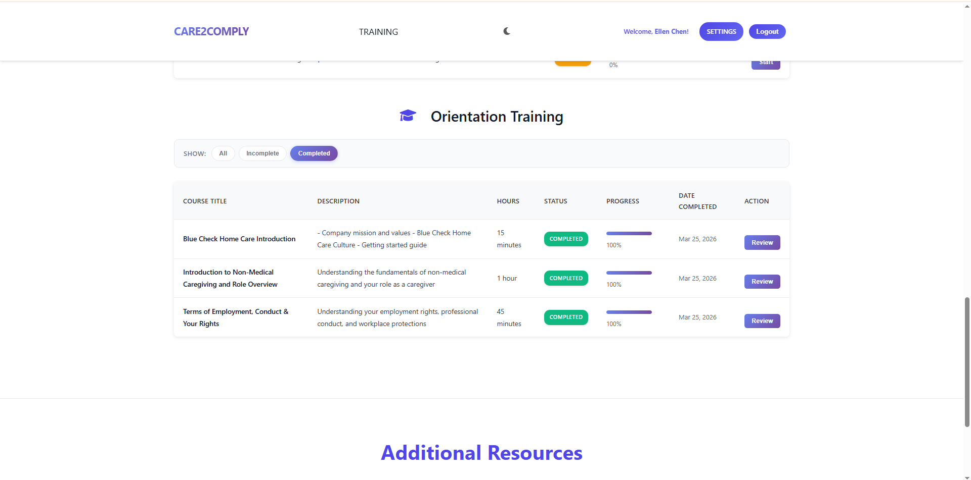 Orientation course screen