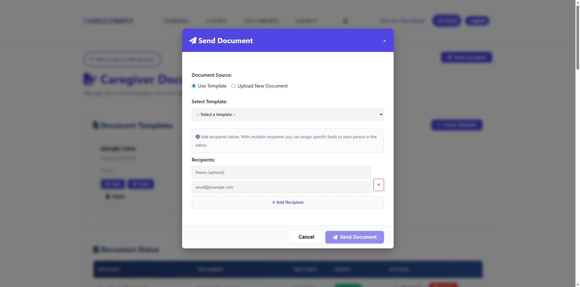 Send documents and reminders screen