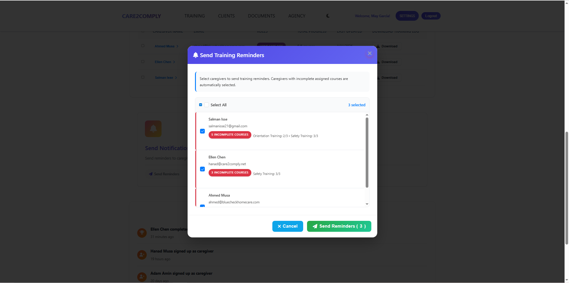 Training reminders screen