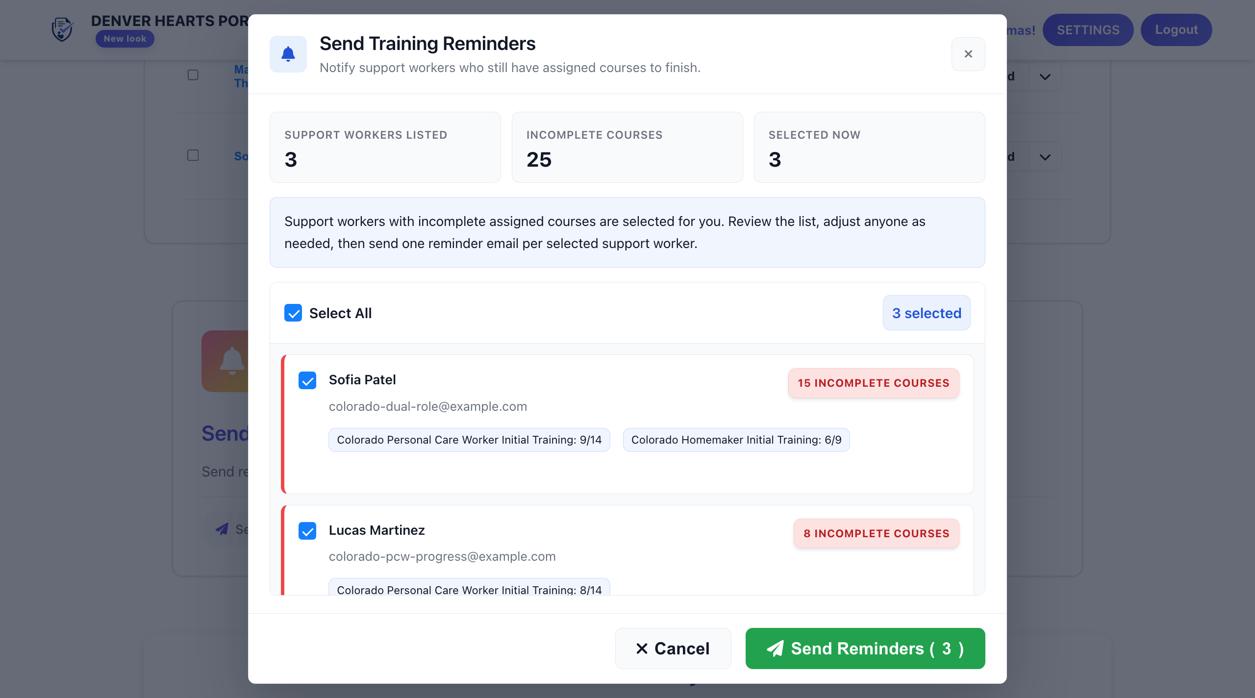 Denver Hearts training reminder controls