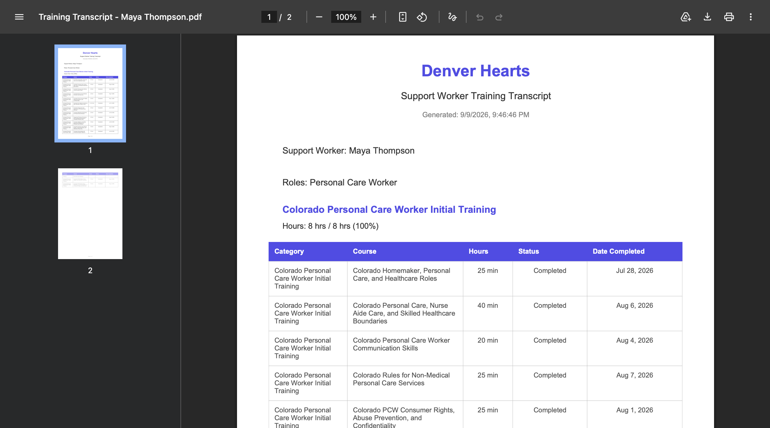 Denver Hearts downloadable worker training transcript