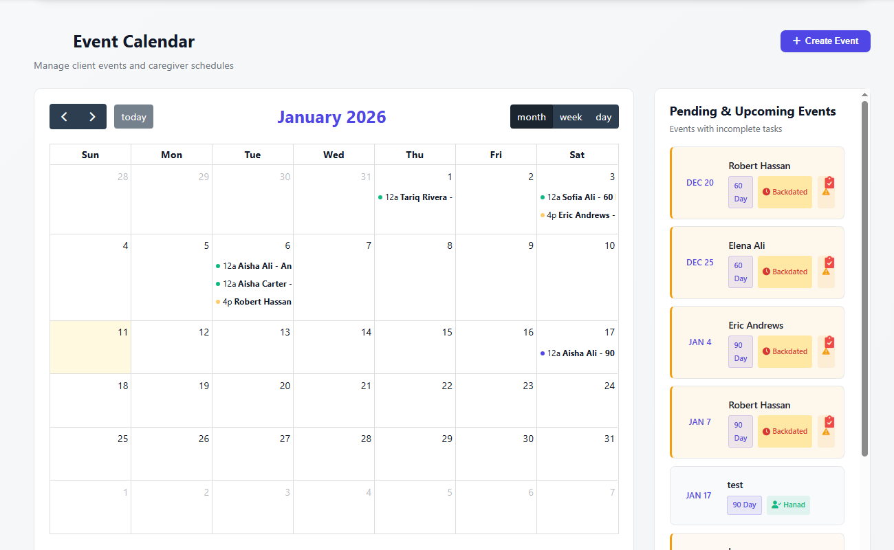 Client Management Calendar Interface