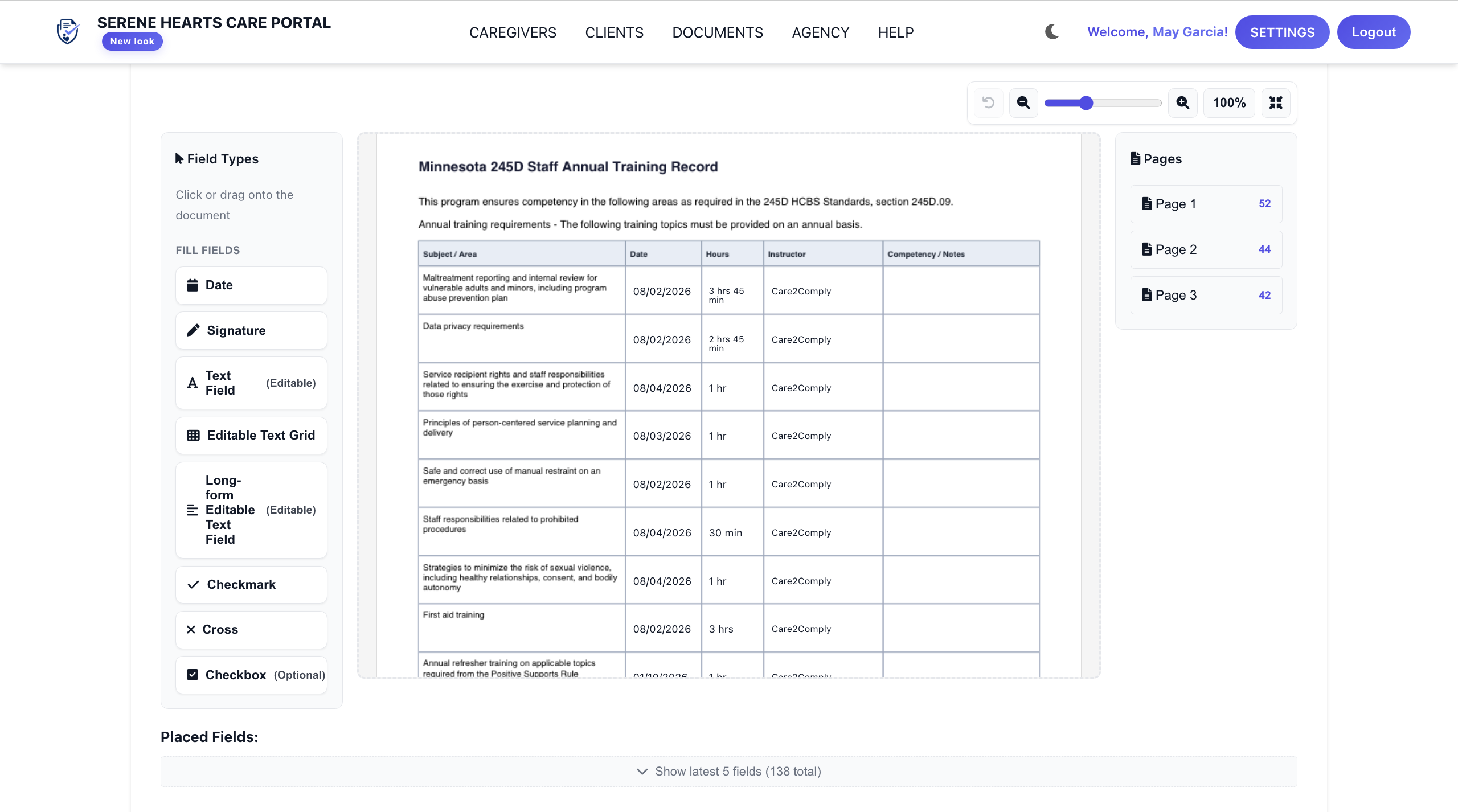 Example Minnesota 245D staff annual training record
